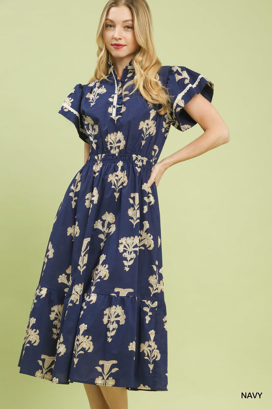 Umgee Floral Print Midi Dress in Navy