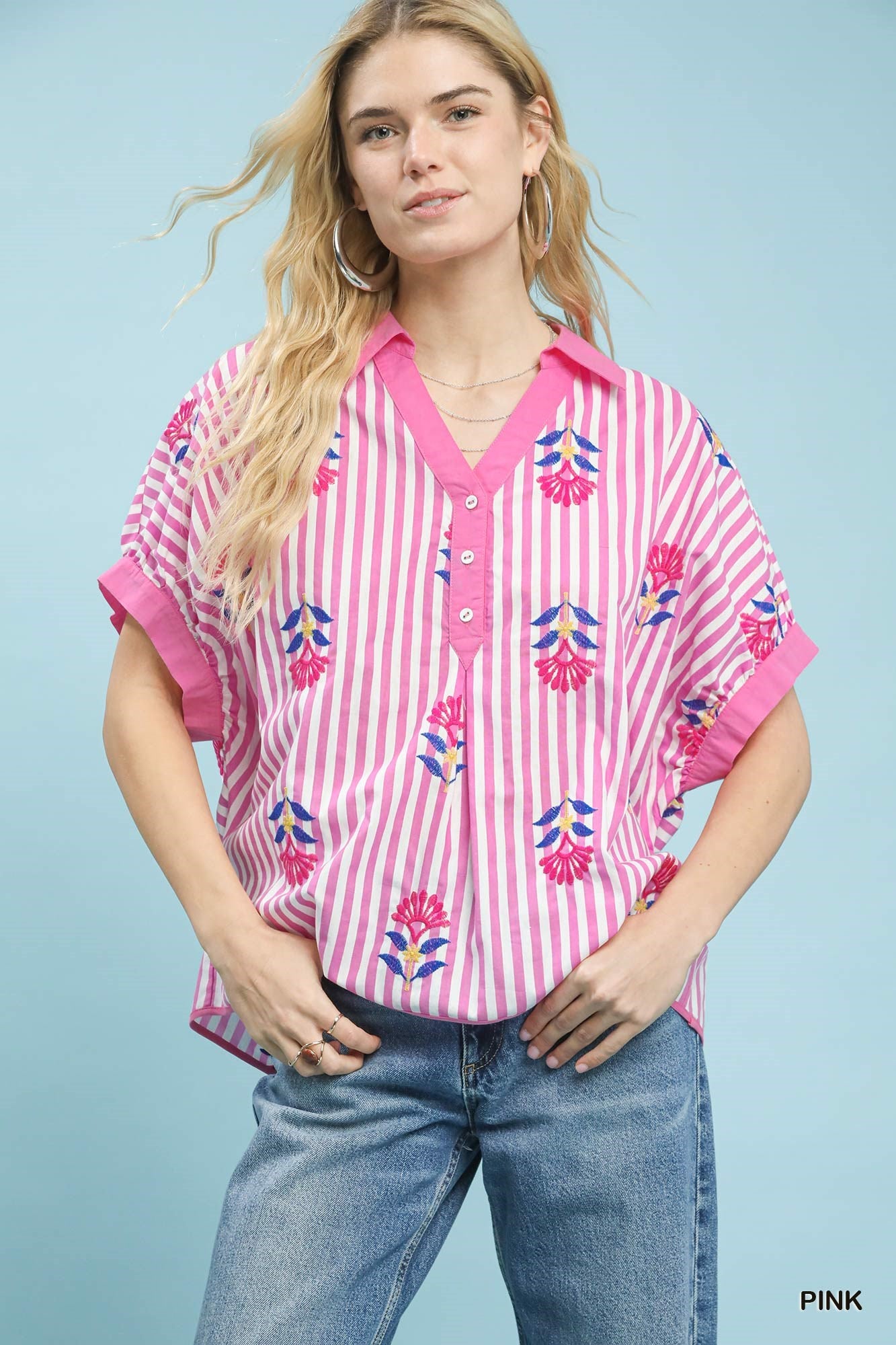Umgee Stripe Embroidered Button-Front Boho Top