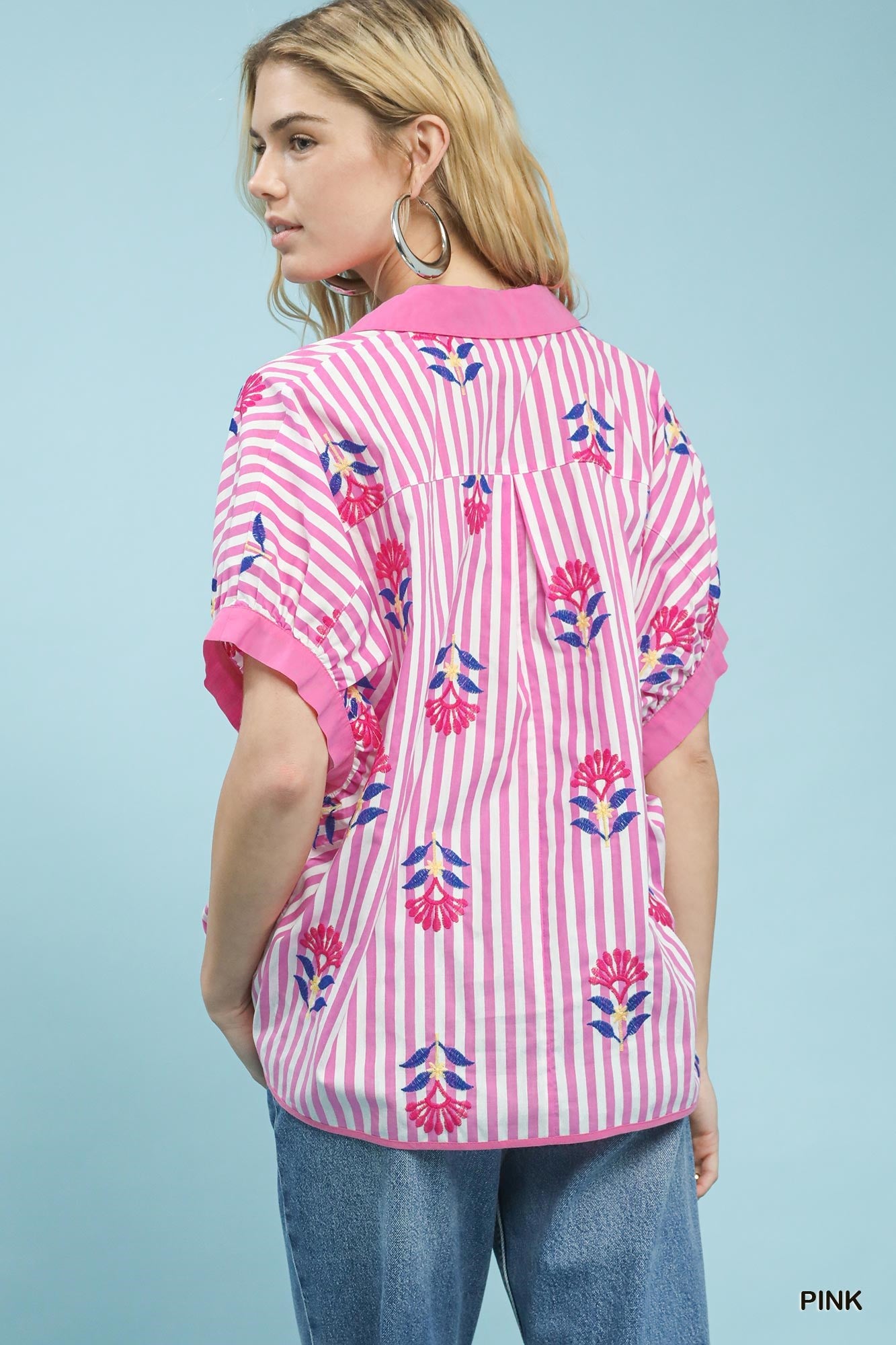 Umgee Stripe Embroidered Button-Front Boho Top