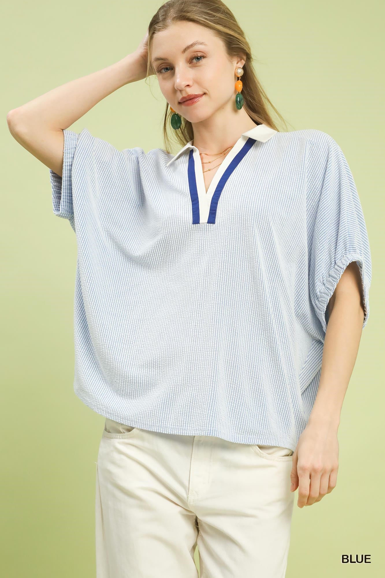 Umgee Contrast Collar V-Neck Top in Blue