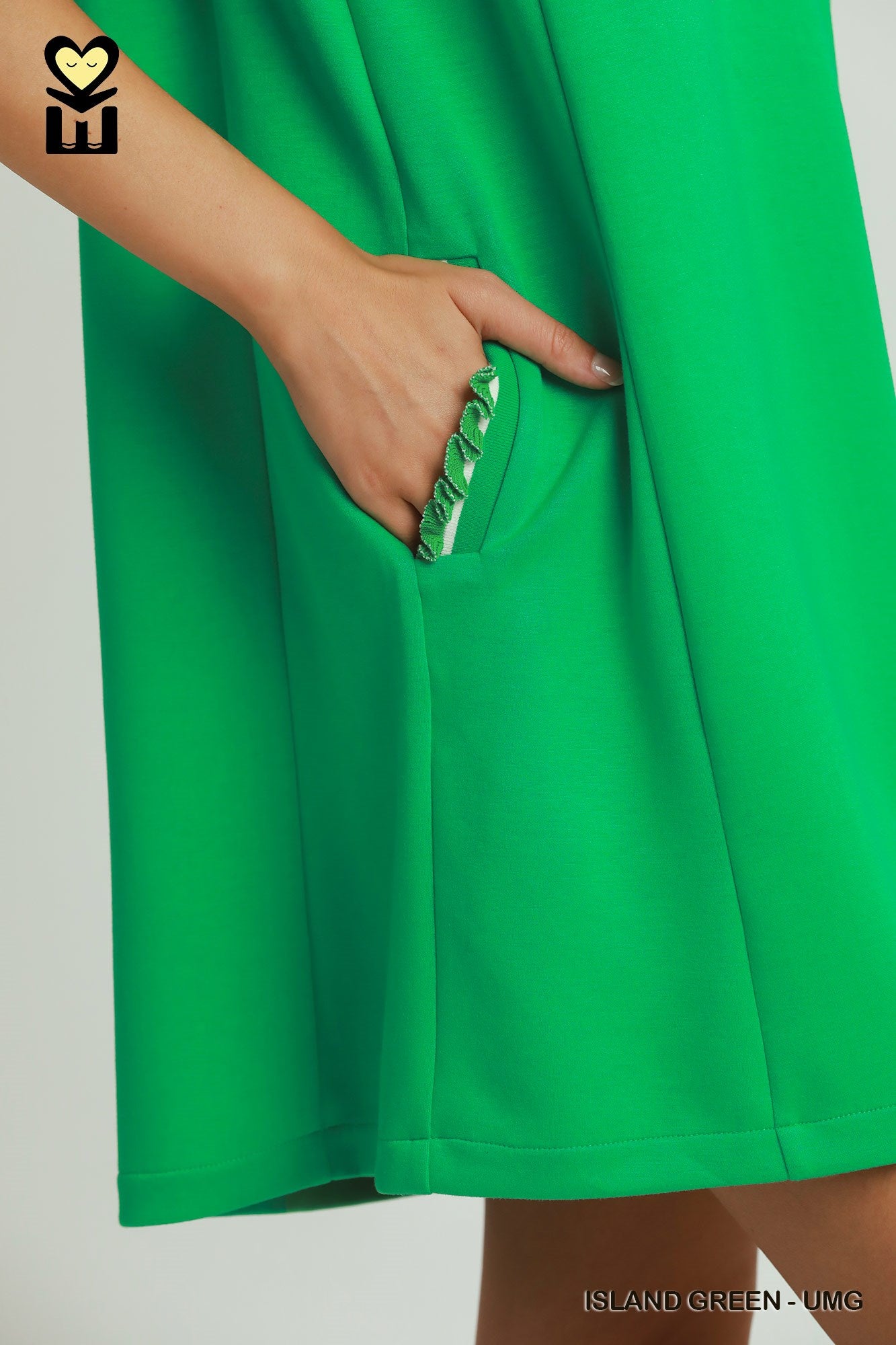 Umgee Luxeknit Half Zip Ruffle Band Butterfy Sleeve Mini Dress with Pockets in Green