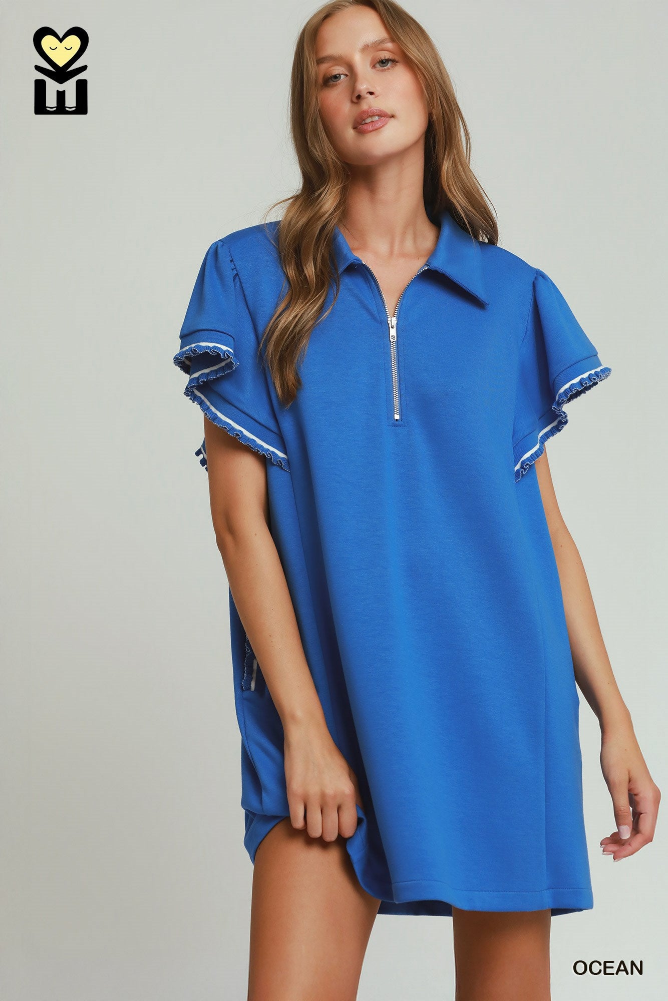 Umgee Half Zip Ruffle Rib Band Butterfly Sleeve Mini Dress with Pockets in Blue