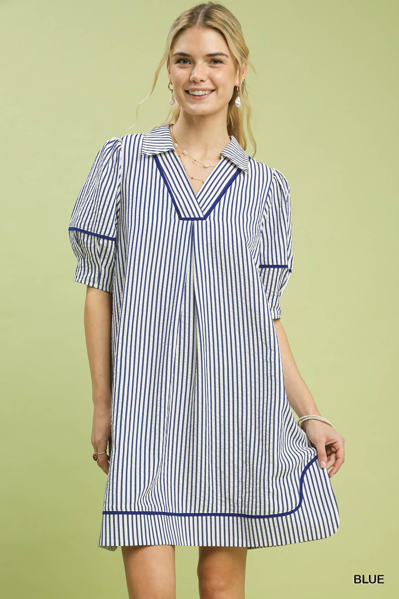 Umgee Strip Collared Shift Dress in Navy