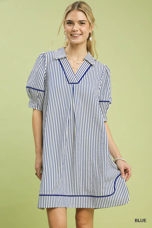 Umgee Strip Collared Shift Dress in Navy