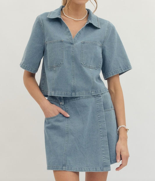 Entro Solid Short Sleeve Denim Woven Top and Short Set