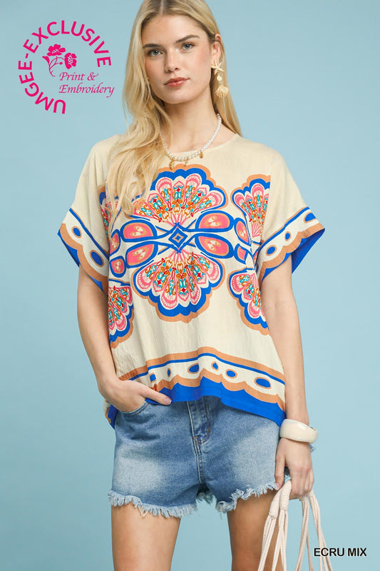 Umgee Mix Medallion Print Short Sleeve Top