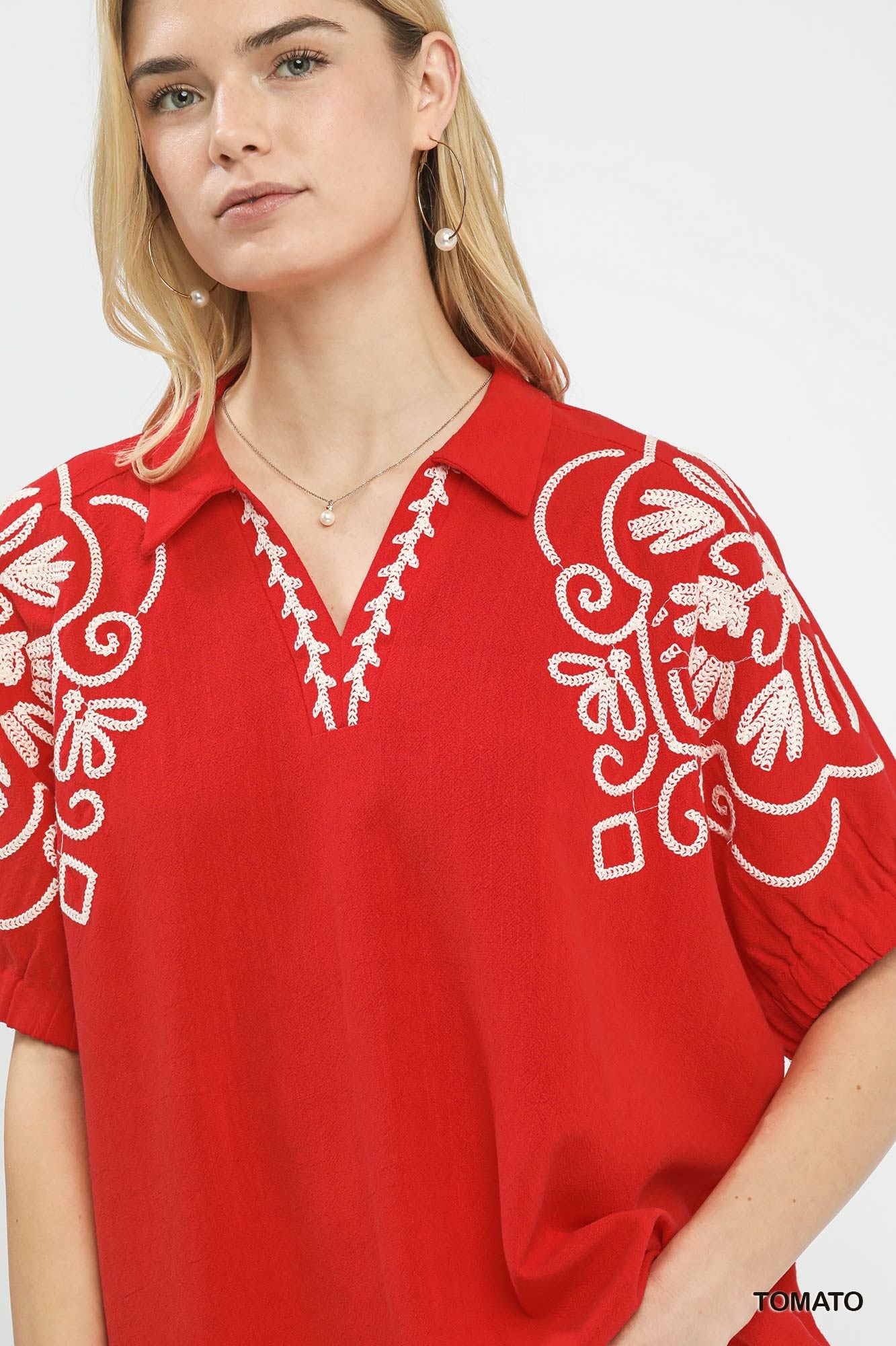 Umgee Collared Embroidered Sleeve Top Floral Red