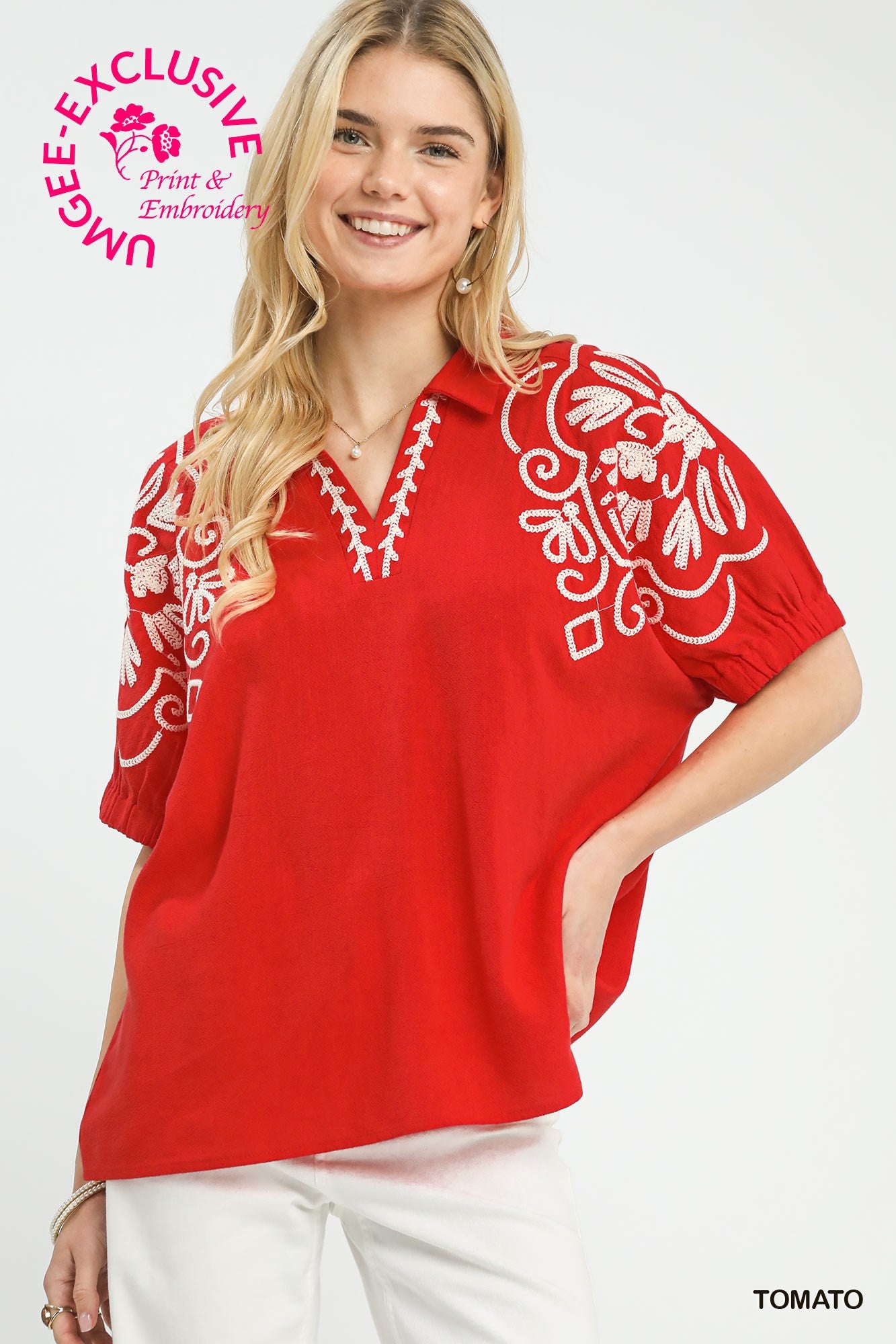 Umgee Collared Embroidered Sleeve Top Floral Red