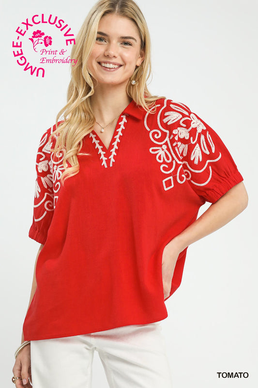 Umgee Collared Embroidered Sleeve Top Floral Red