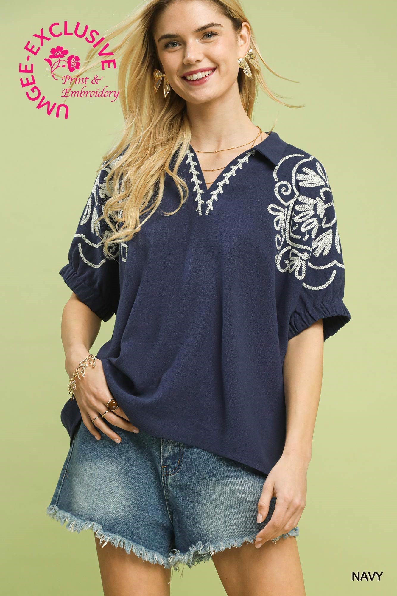 Umgee Embroidered Sleeve Top in Navy