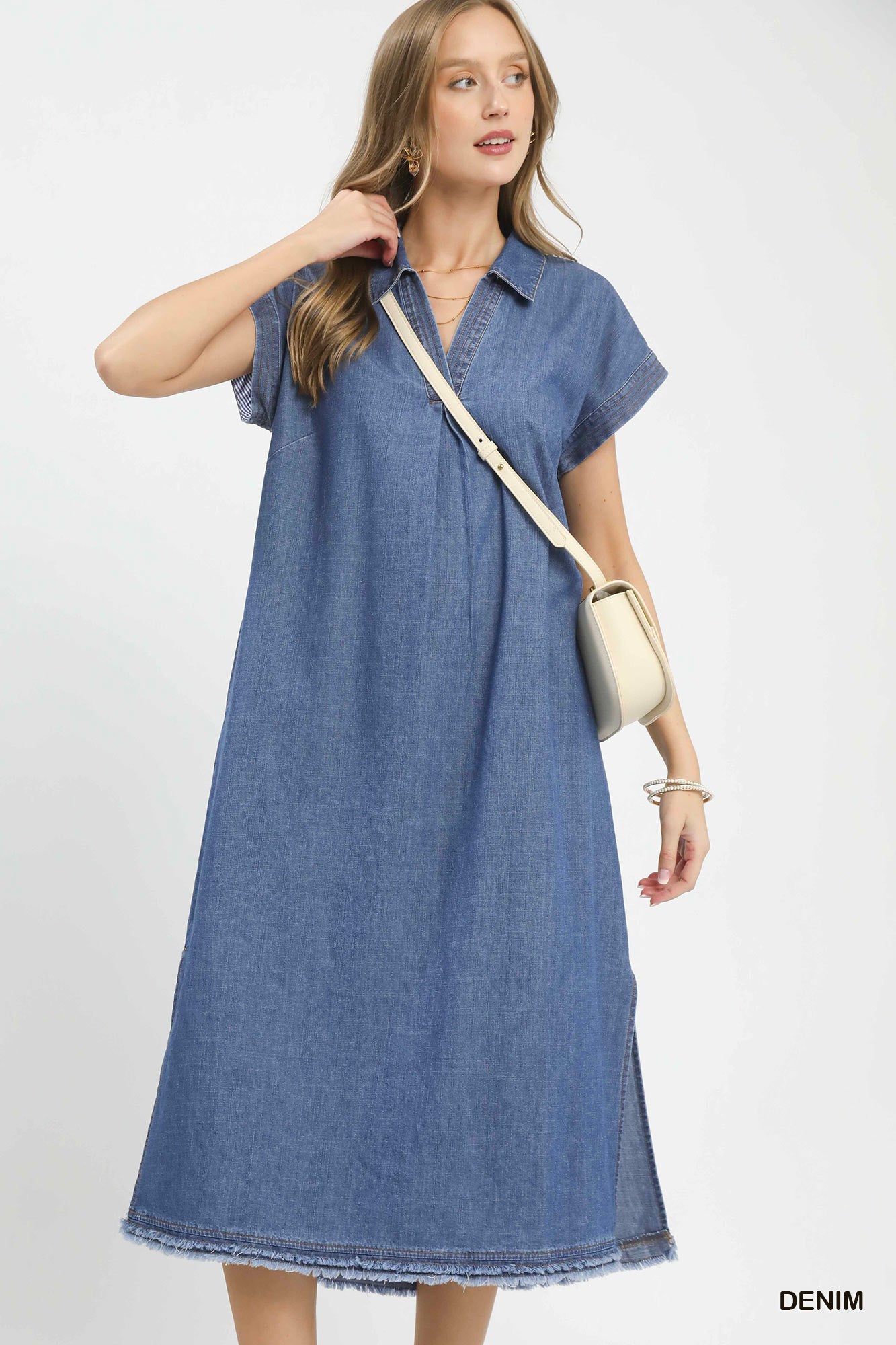 Umgee Stone Washed Collared Denim Midi Dress