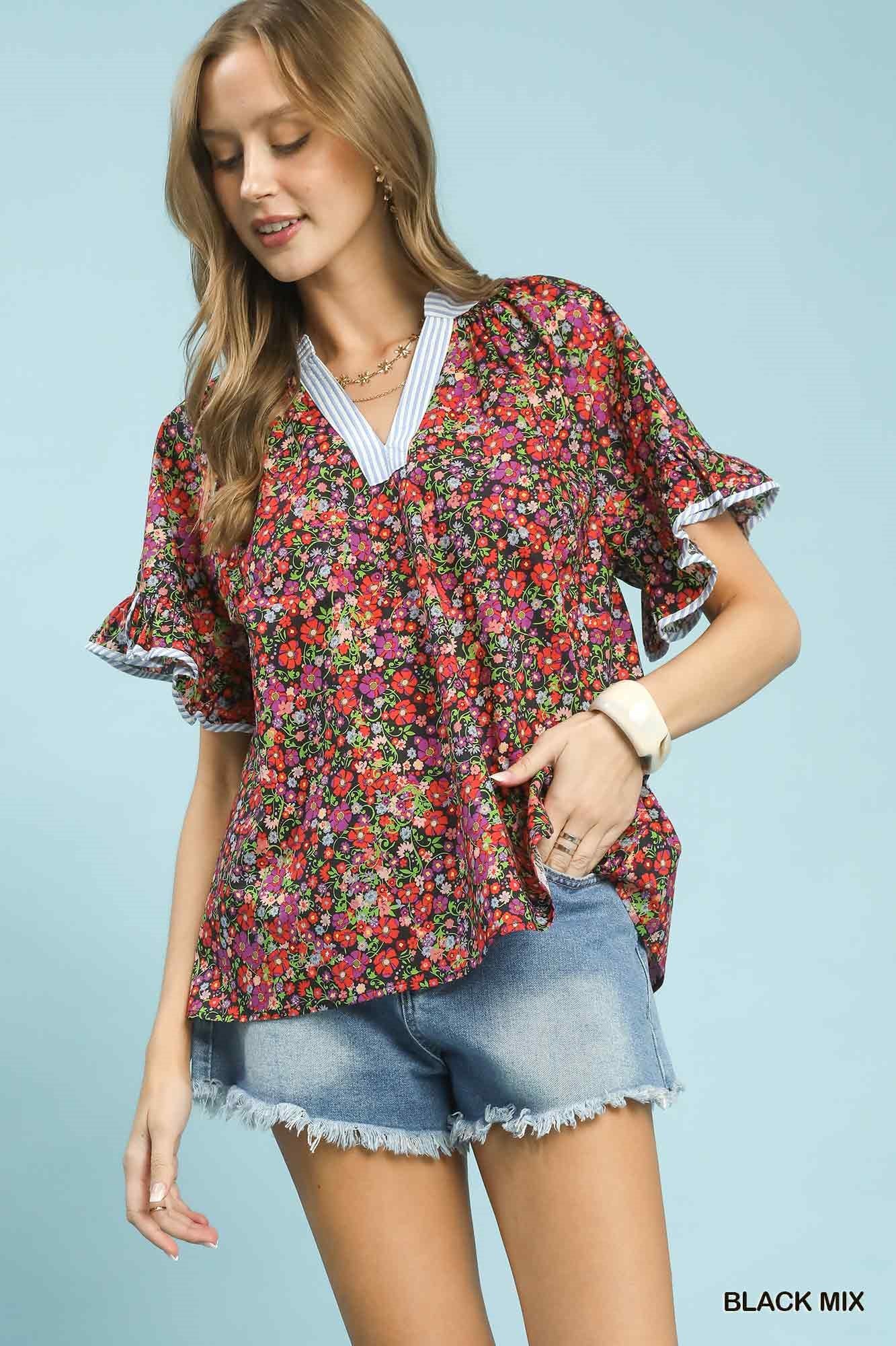 Umgee Ruffle Sleeve Contrast Trim Blouse
