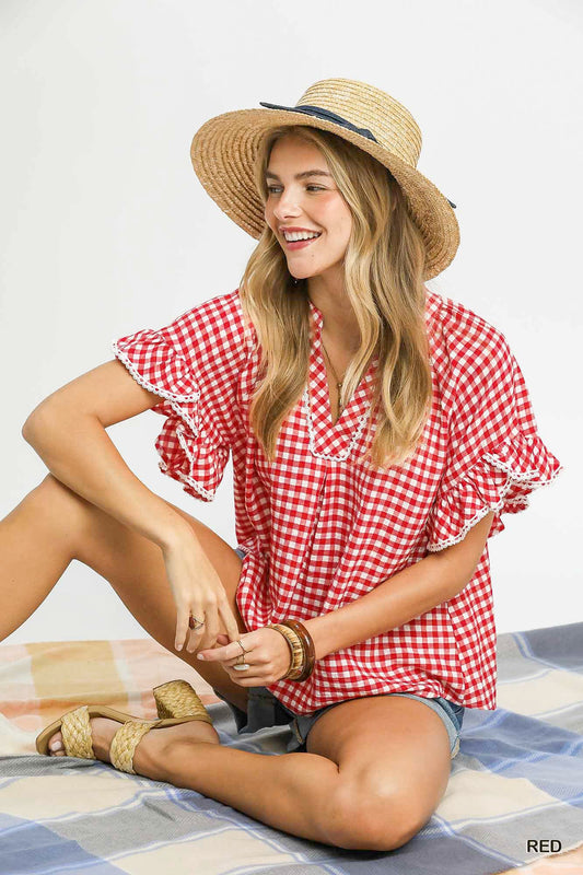 Umgee Gingham Ruffle Top in Red