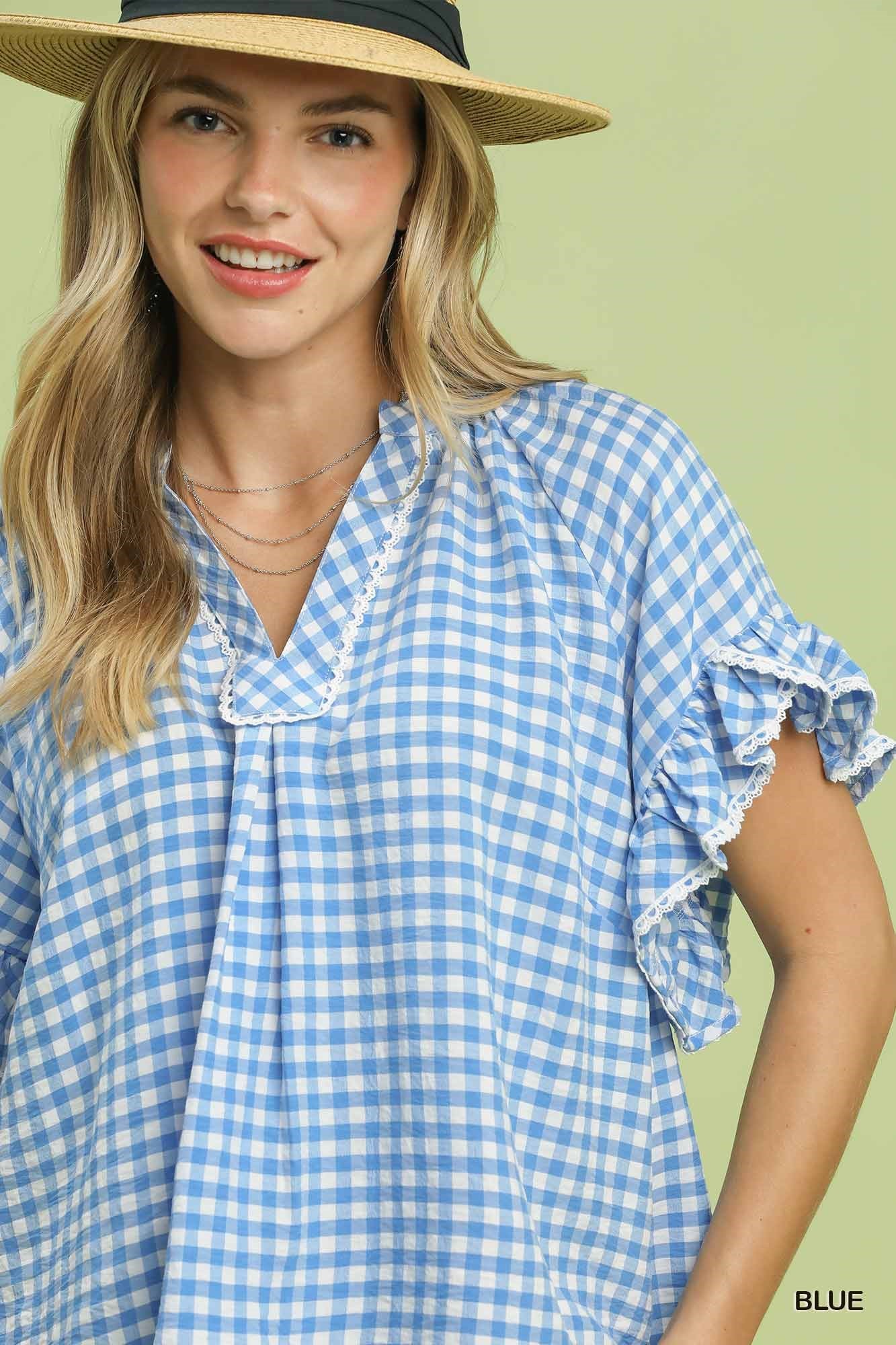 Umgee Gingham Ruffle Top in Blue