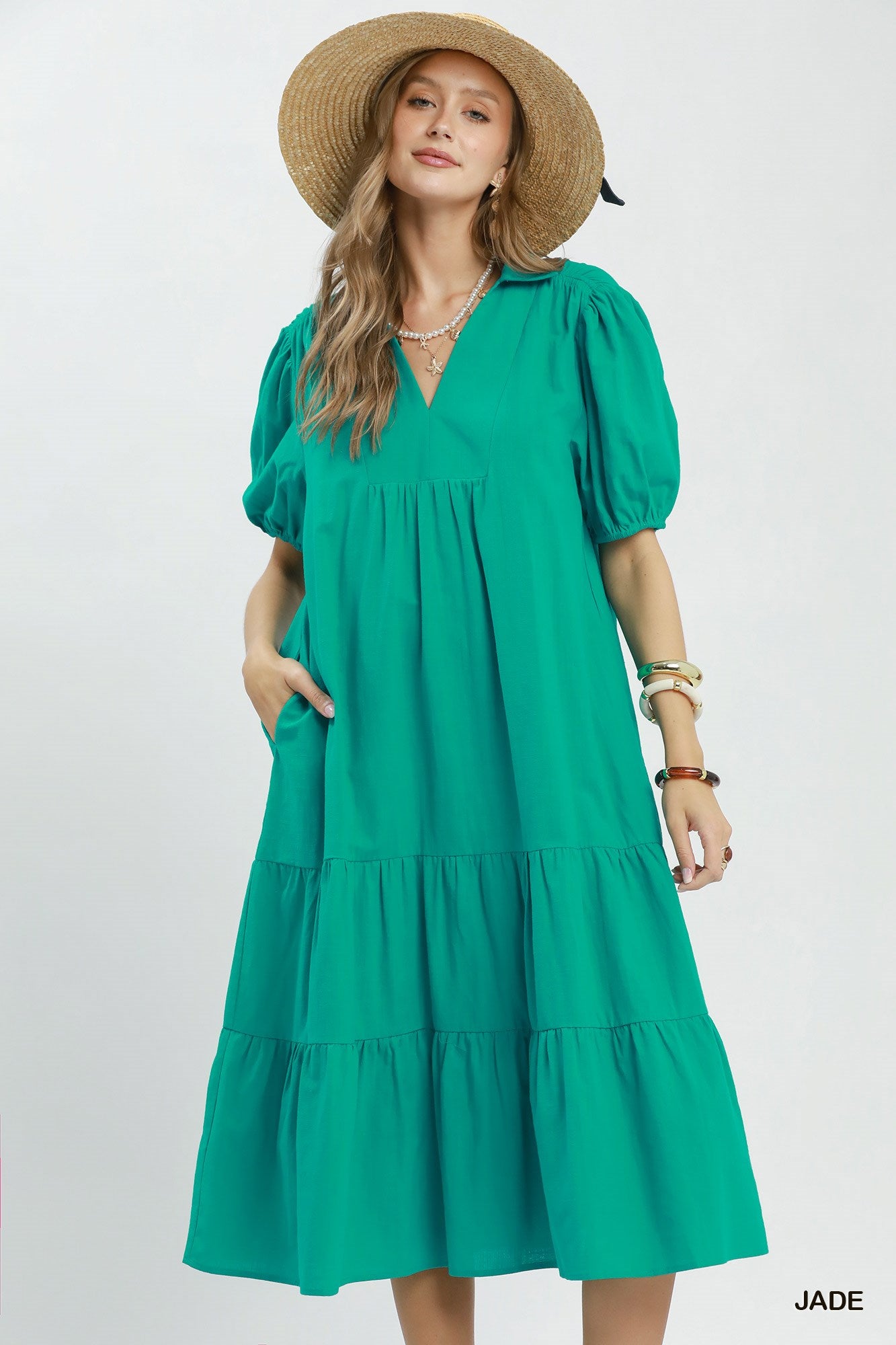 Umgee Solid Tiered Midid Dress in Jade