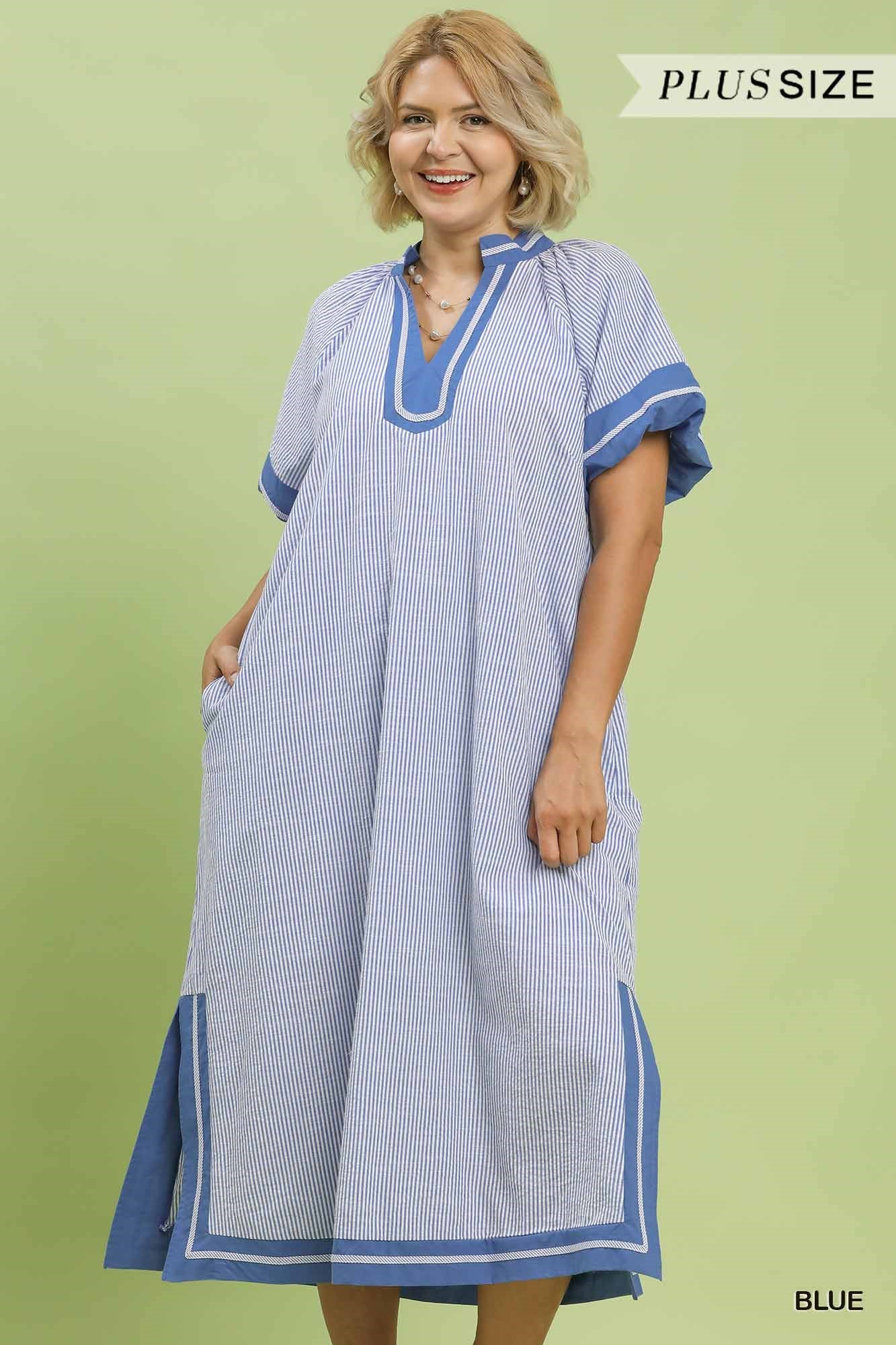 Umgee Pinstripe Contrast Trim Midi Dress Plus Size
