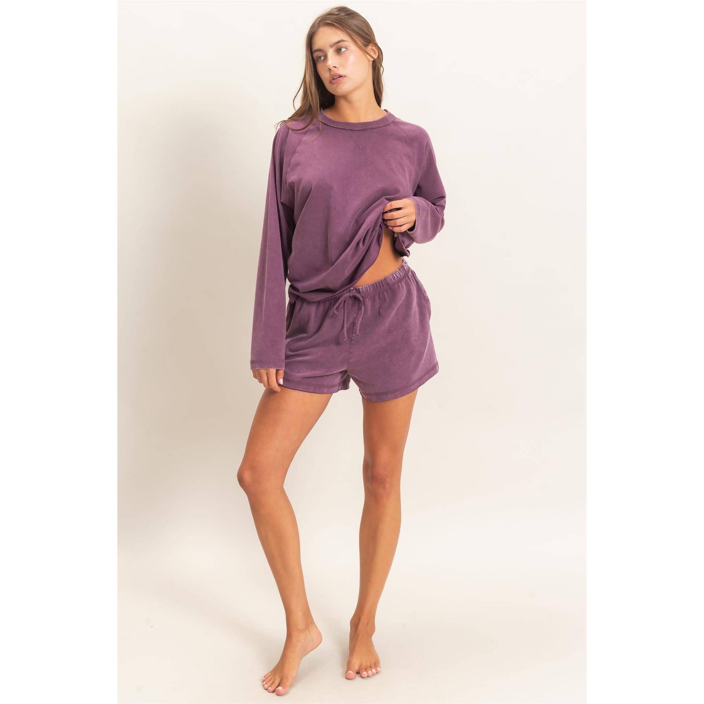 Double Zero Mineral Wash Long Sleeve Raw Edge Top & Shorts Set