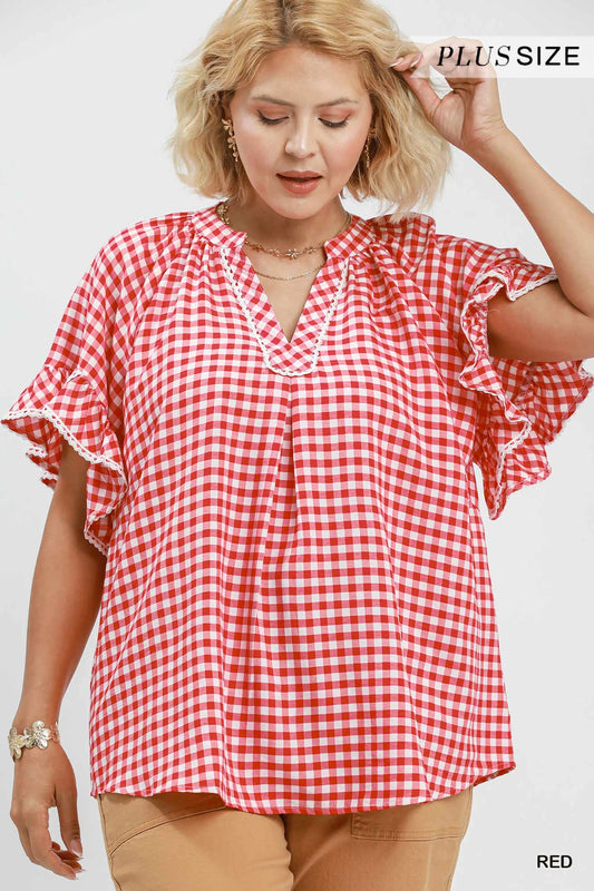 Umgee Gingham Ruffle Check Top Red Plus