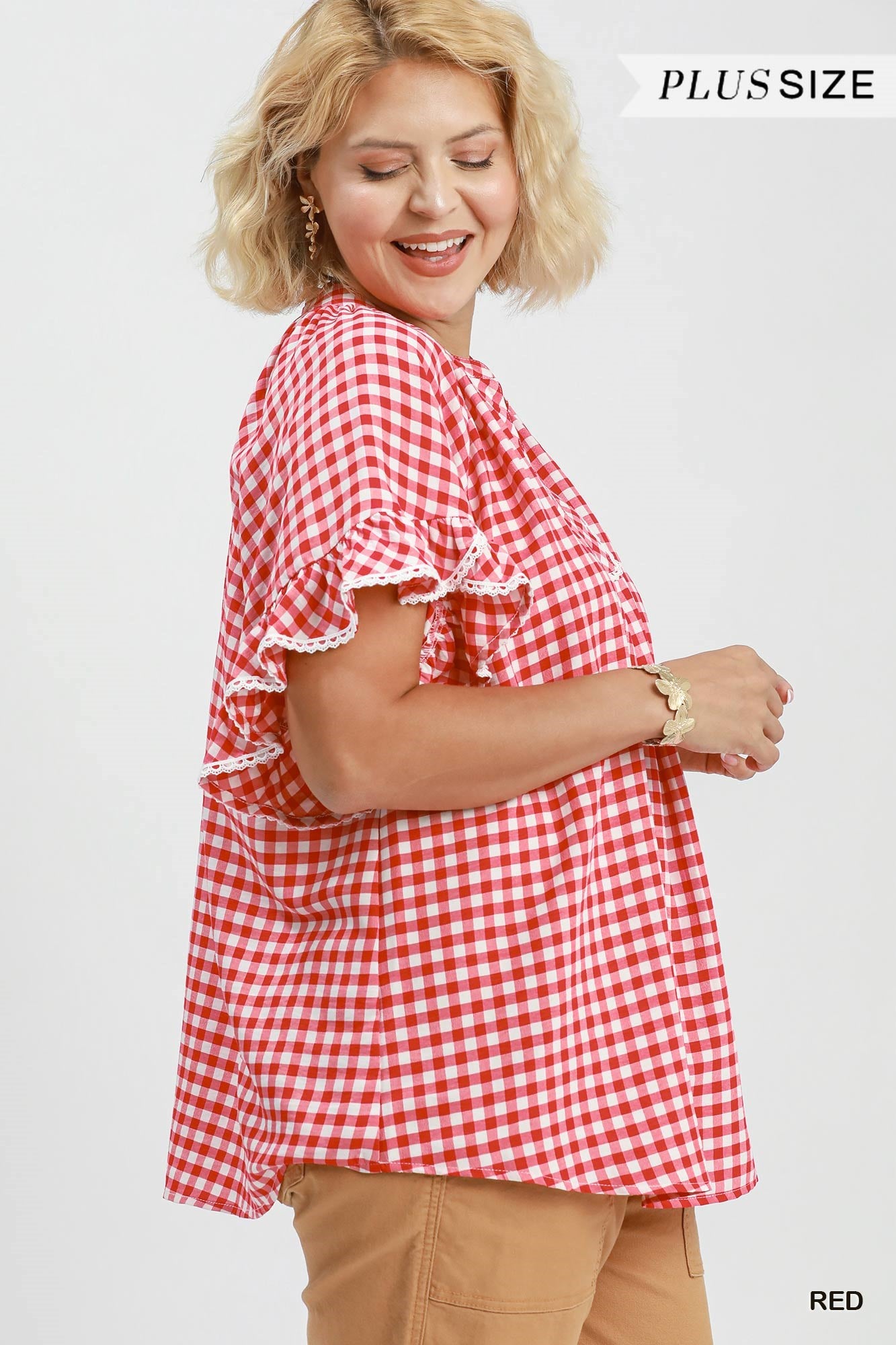 Umgee Gingham Ruffle Check Top Red Plus