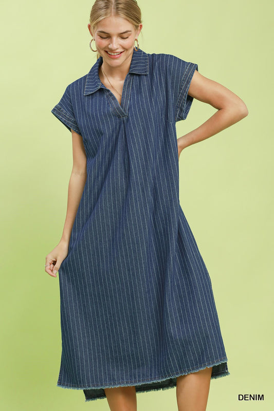 Umgee Pinstripe Denium Collared Midi Dress