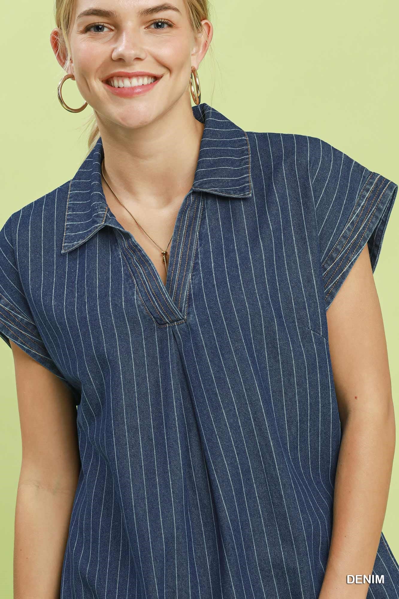 Umgee Pinstripe Denium Collared Midi Dress