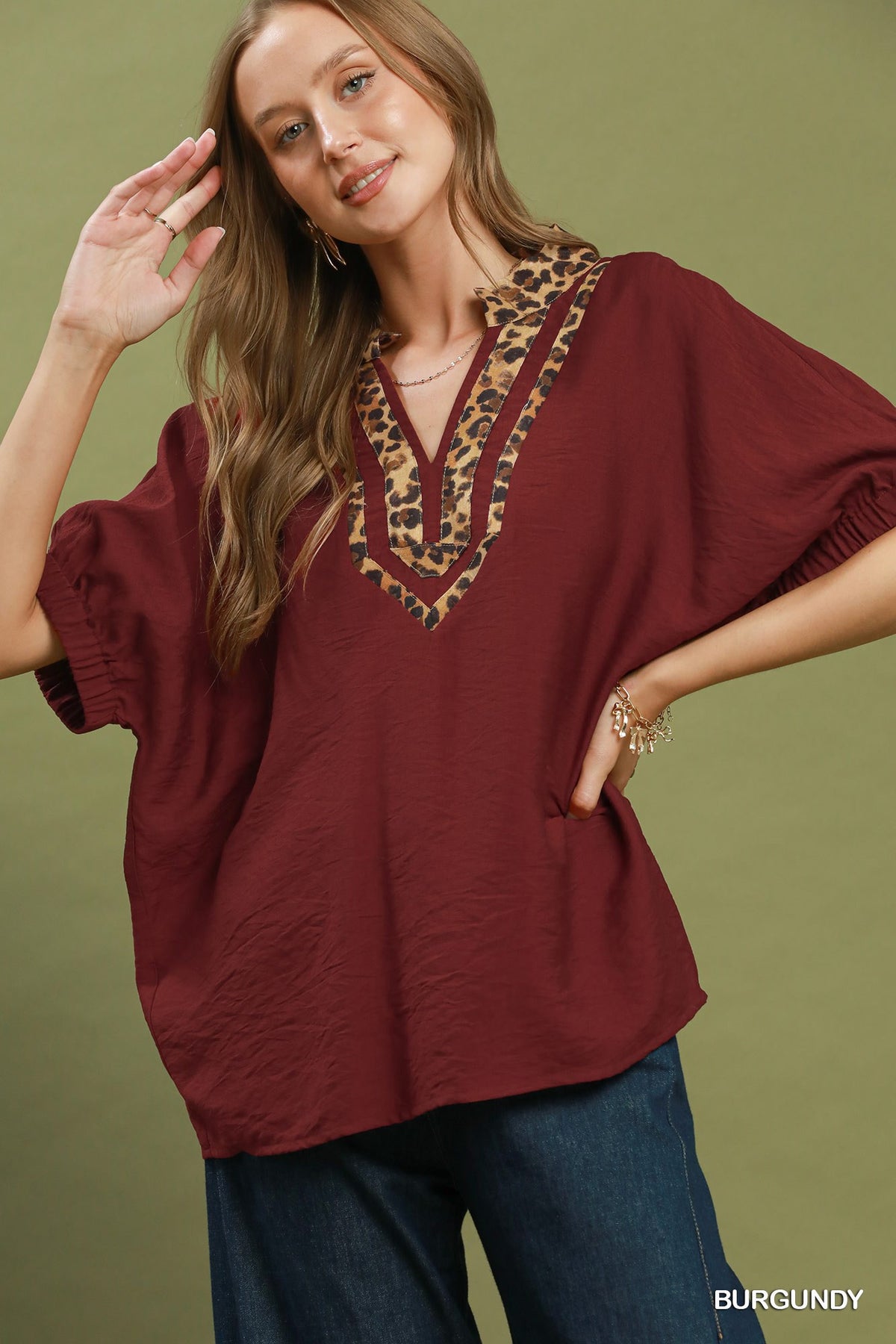 Umgee Leopard Trim Dolman Sleeve Blouse