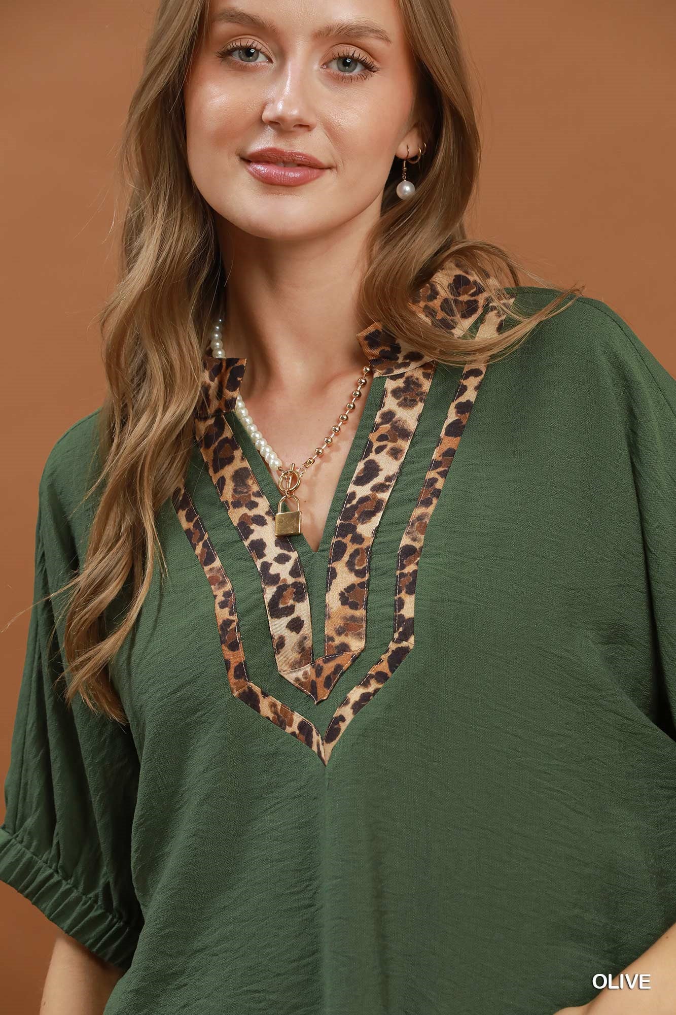 Umgee Leopard Trim Dolman Sleeve Blouse