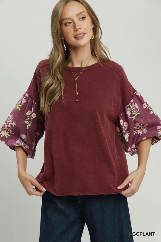 Umgee Floral Print Mineral Wash Top