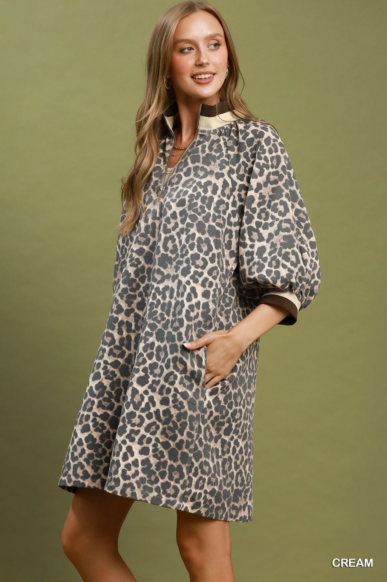Umgee Leopard Print Quarter Zip Puff Sleeve Mini Dress