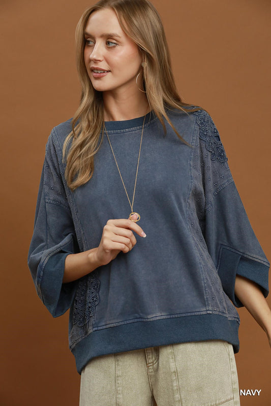 Umgee Mineral Wash Lace Patch Pullover