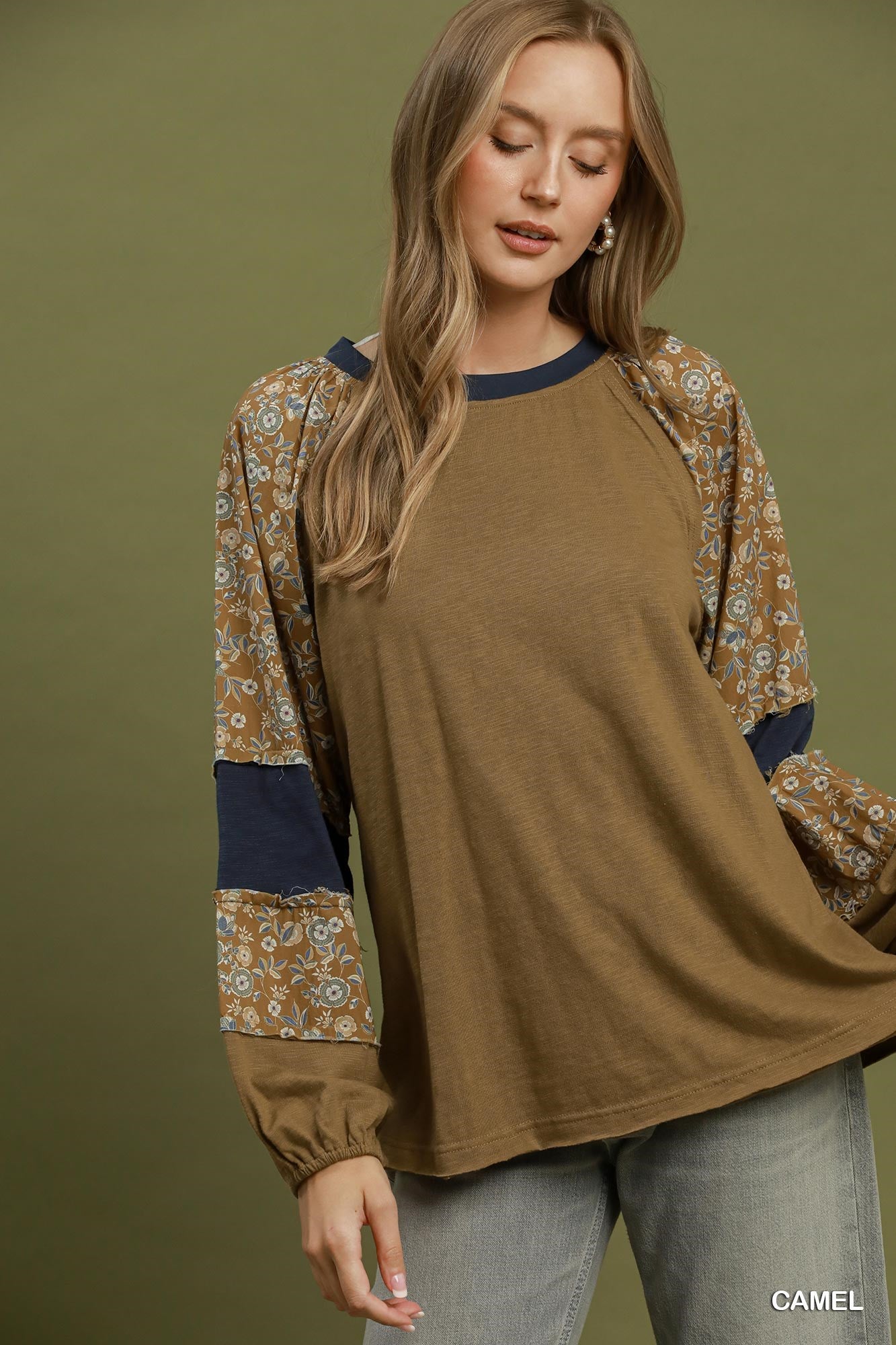 Umgee Floral Mixed Media Color Block Top