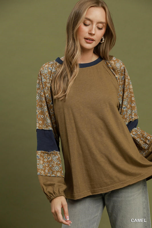Umgee Floral Mixed Media Color Block Top