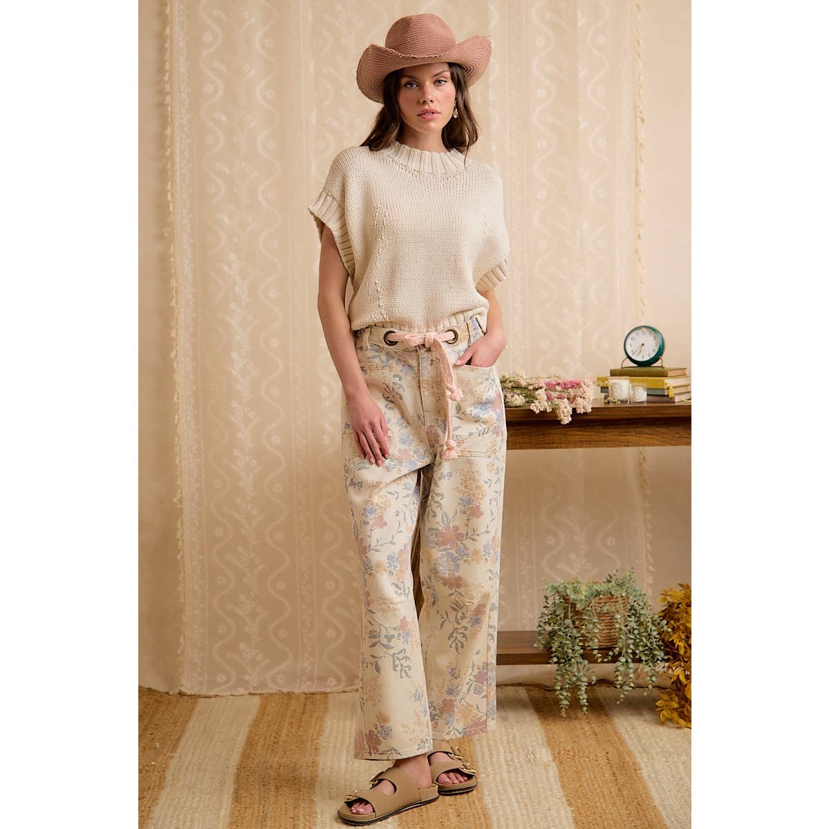 WOMEN VINTAGE WASHED FLORAL COTTON DRAWSTRING PANTS