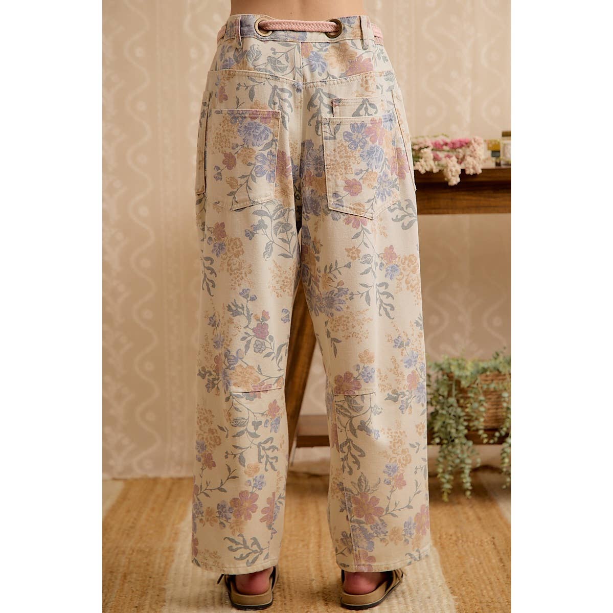WOMEN VINTAGE WASHED FLORAL COTTON DRAWSTRING PANTS