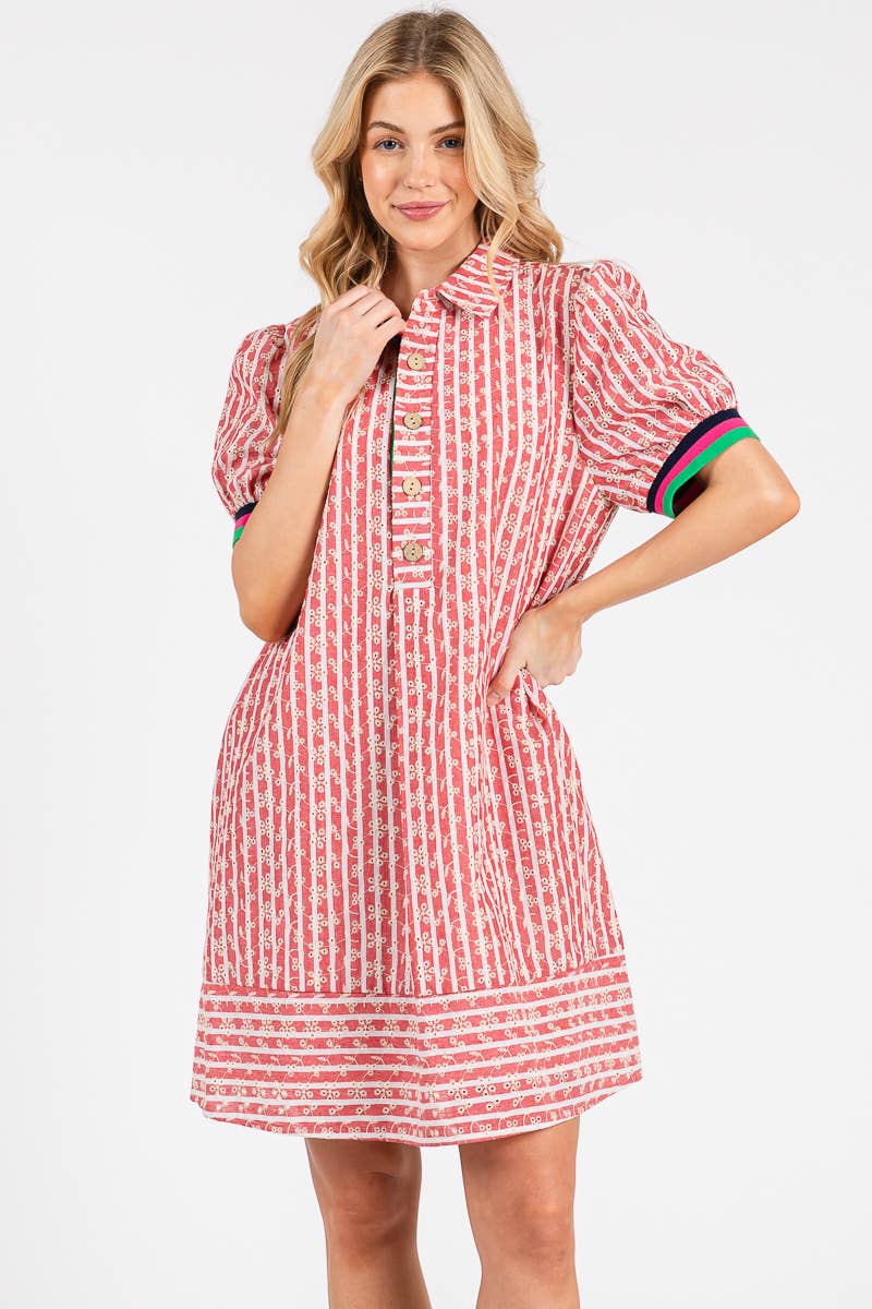 STRIPED FLORAL COLLARED PUFF SLEEVE DRESS