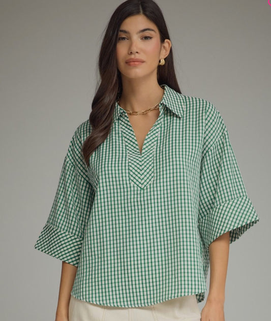 Entro Gingham 3/4 Sleeve Top Featuring V-neck collar detail