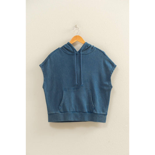 Double Zero Acid Washed Sleeveless Hooded Kangaroo Pocket Top