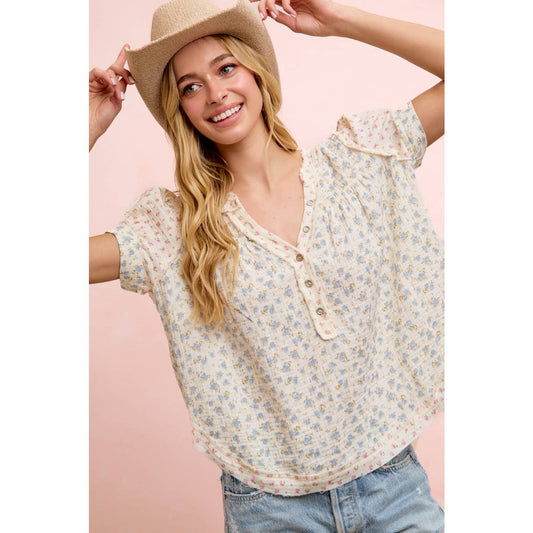 BiBI FLORAL CRINKLE NECKDROP SHORT SLEEVE BLOUSE TOP