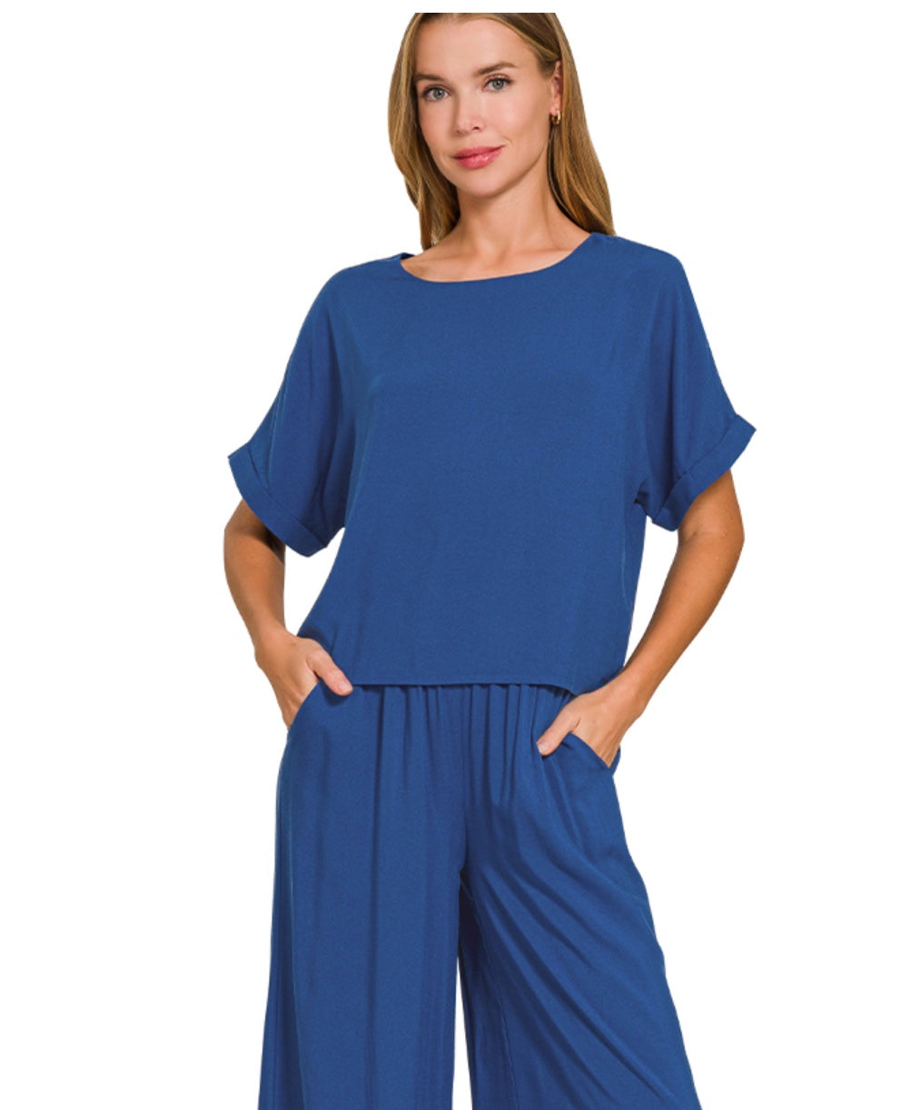Zenana Woven Short Sleeve & Long Pants Set