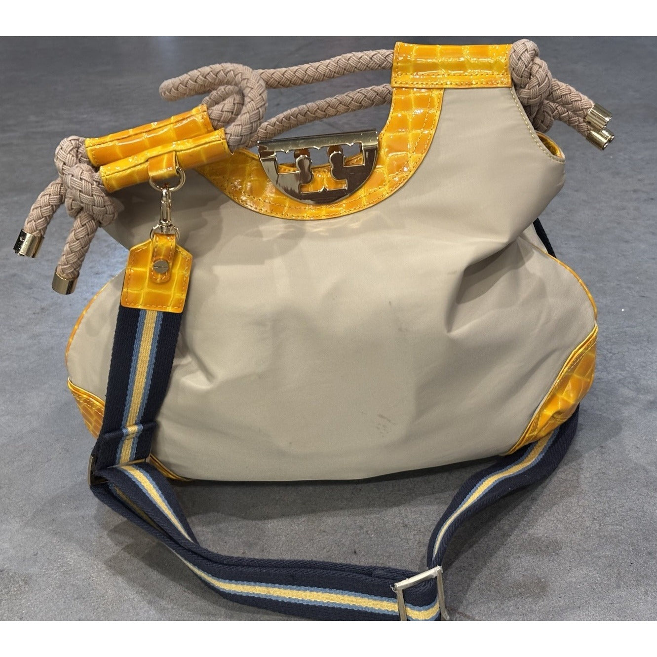 Tory Burch Croc And Nylon Hobo Bag Yellow Nautical Navy Strap