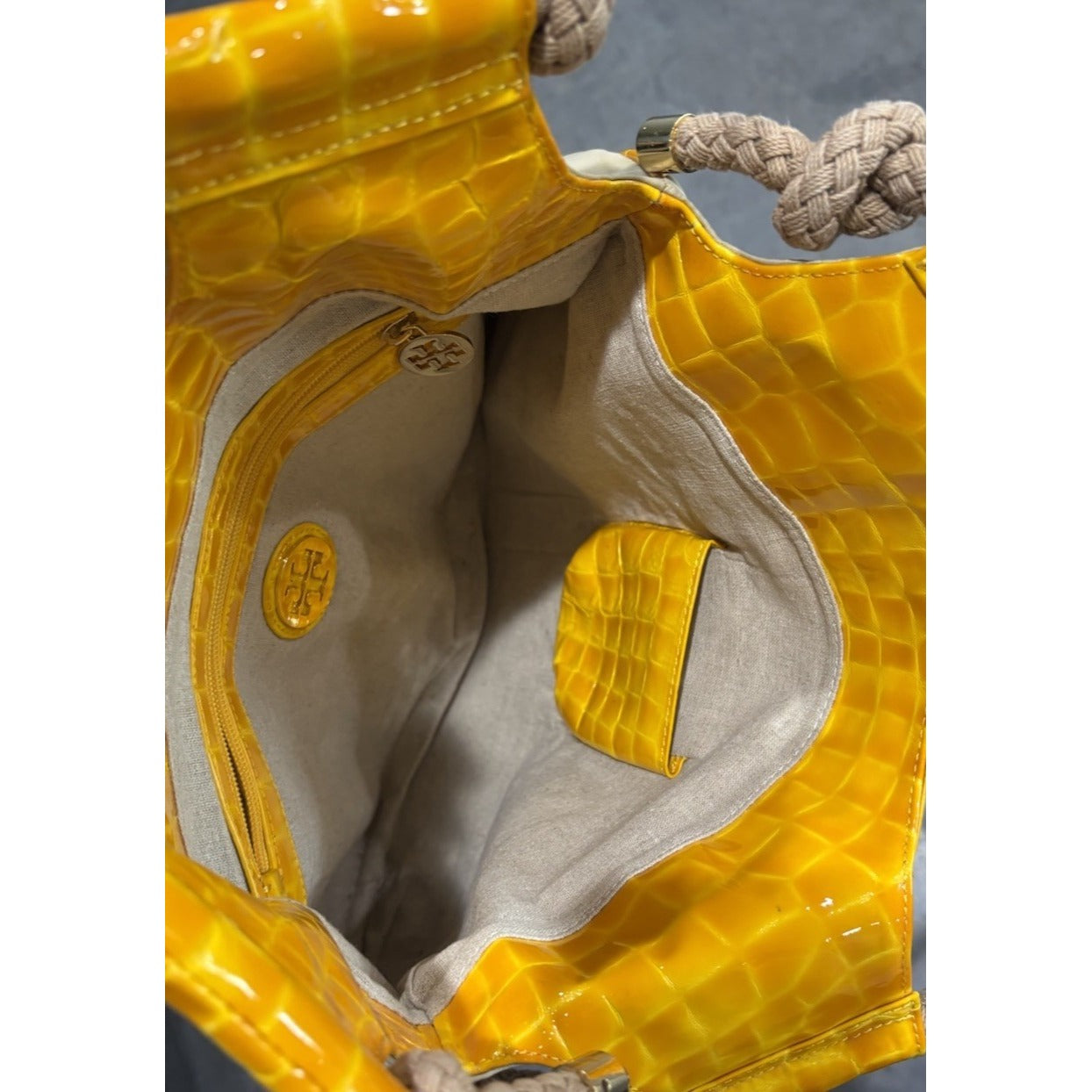 Tory Burch Croc And Nylon Hobo Bag Yellow Nautical Navy Strap