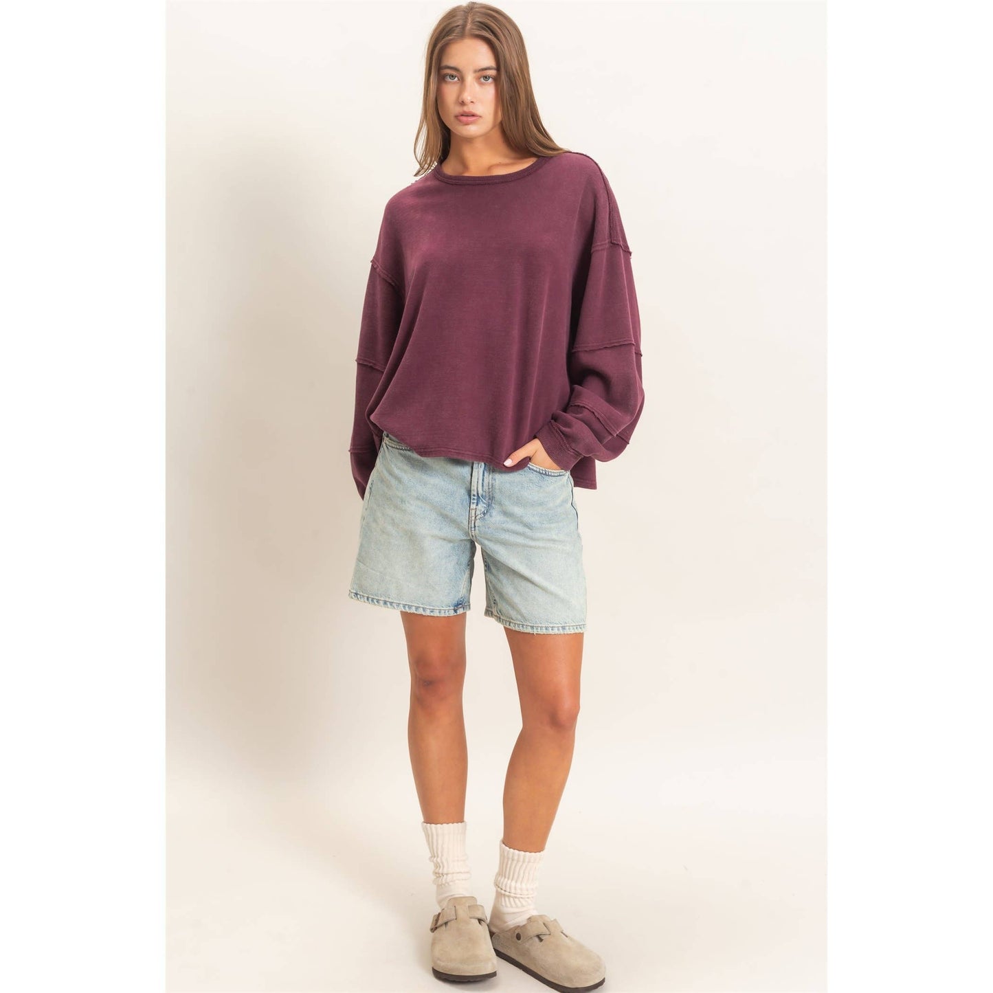 Double Zero Mineral Wash Overzised Raw Edge Crew Neck Top