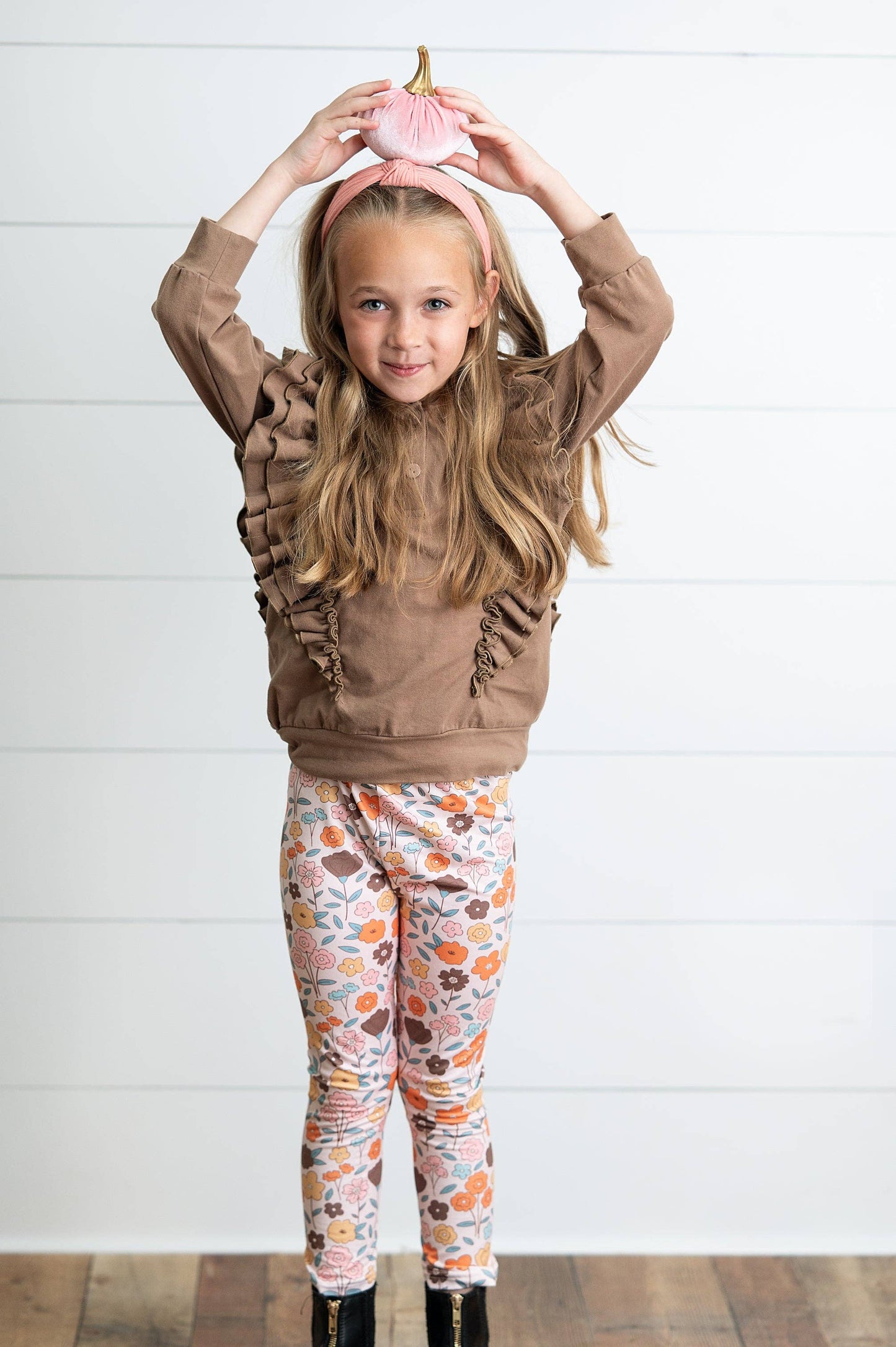 Kids Chocolate Ruffle Hoodie & Floral Fall Pant Set