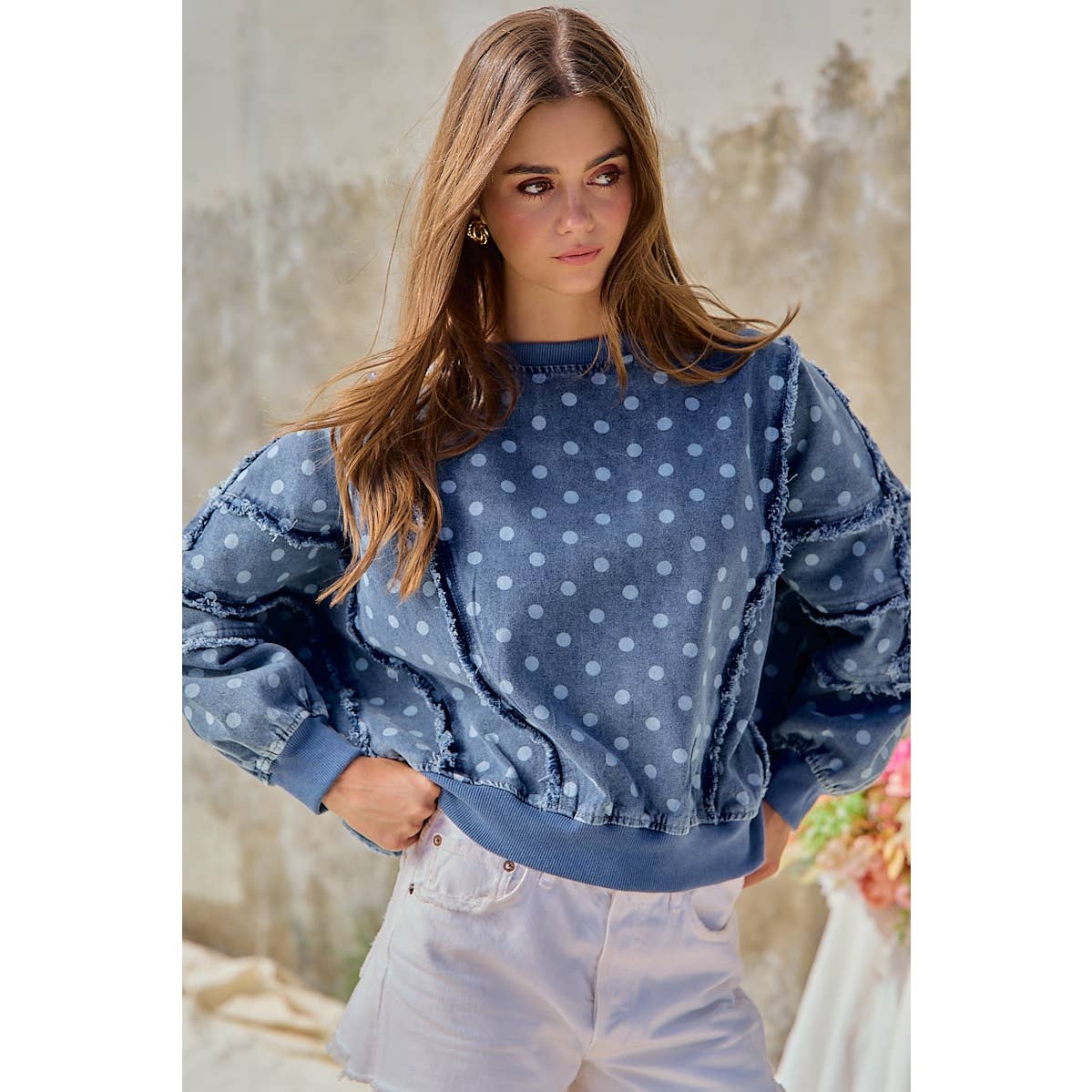 POLKA DOT PRINTED WASHED DENIM FRAYED EDGE DETAIL TOP