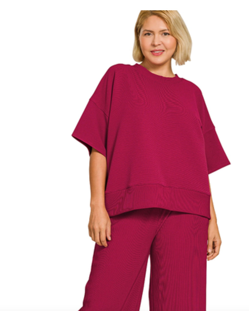 Zenana Ribbed Round Neck Tee & Pants Set Plus Size
