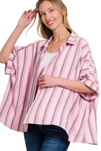 Zenana Woven Yarn-Dye Stripe Oversized Button Down Shirt - Pink