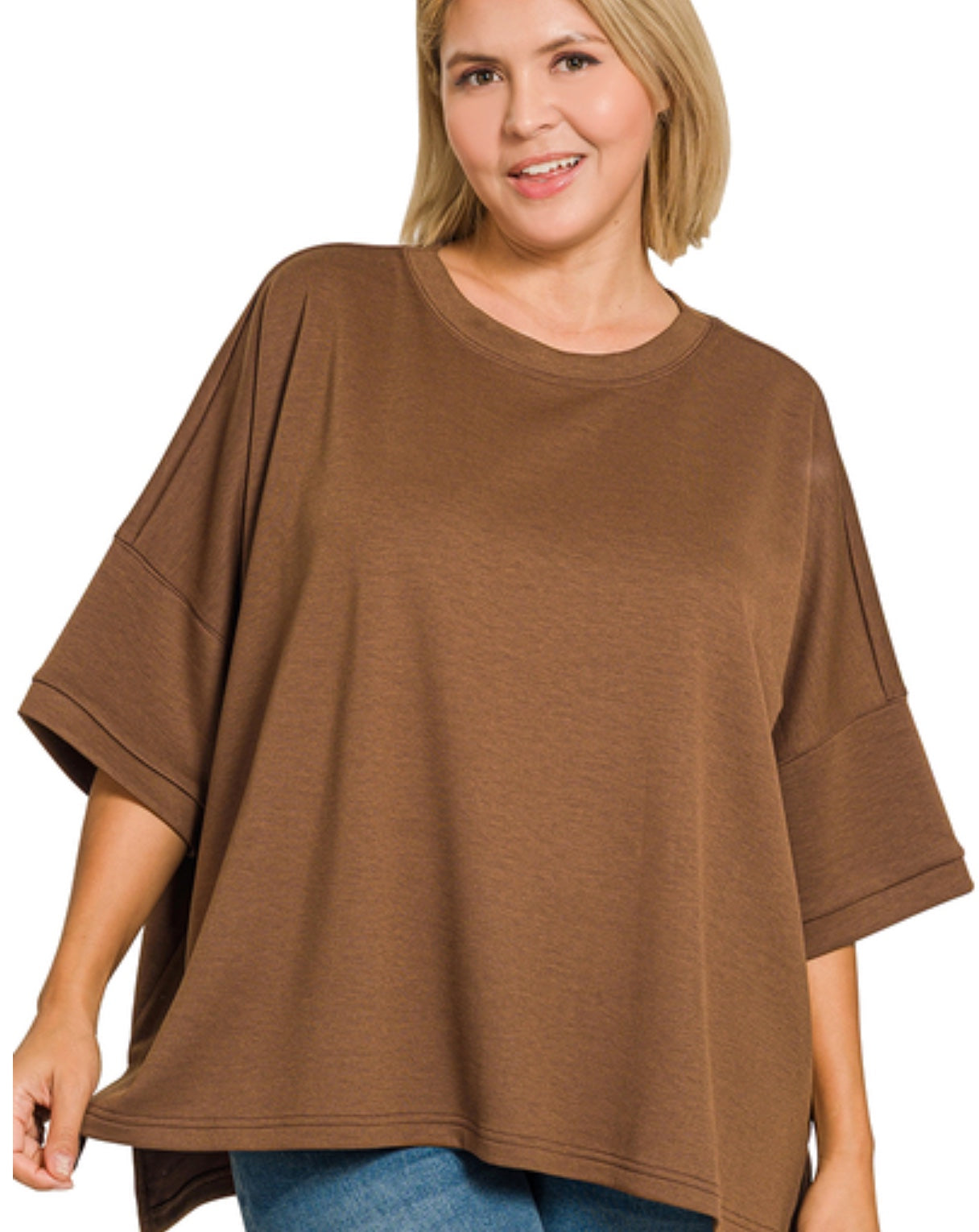 Plus scuba round neck top with side slits in Brown