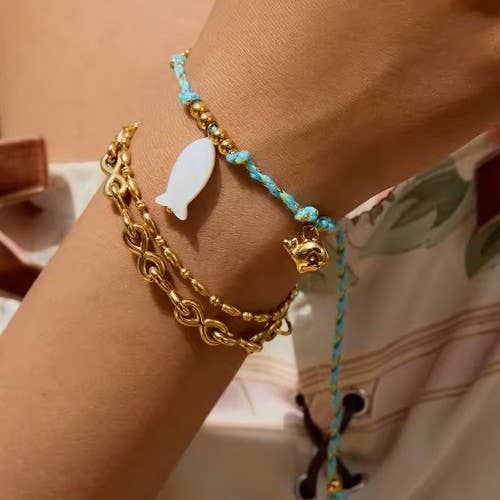 18K STAINLESS STEEL CORDED CHARM BRACELET