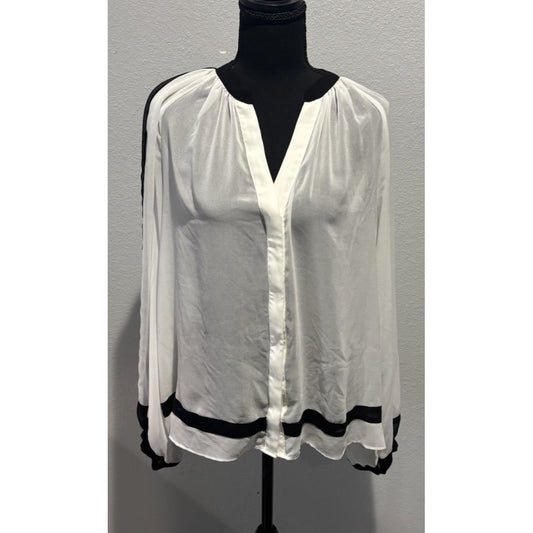 White House Black Market Clifton Chiffon Black White Color block Blouse Size L