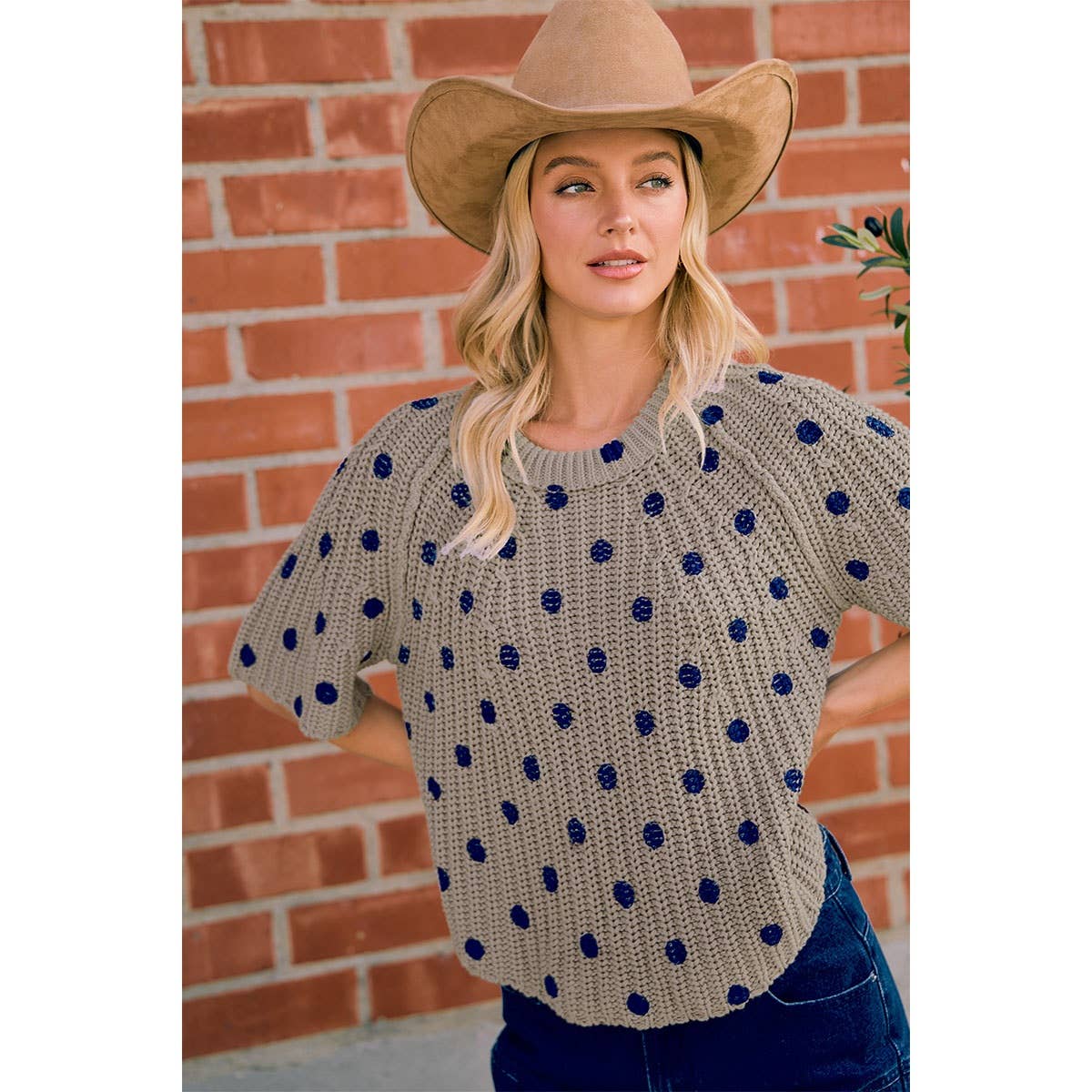 FLARED SLEEVES POLKA DOTS PRINTED CHUNKY SWEATER TOP